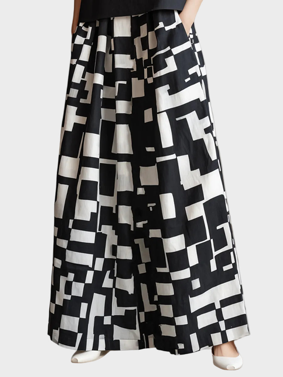High-Neck Top & Abstract Print Wide-Leg Skirt Set