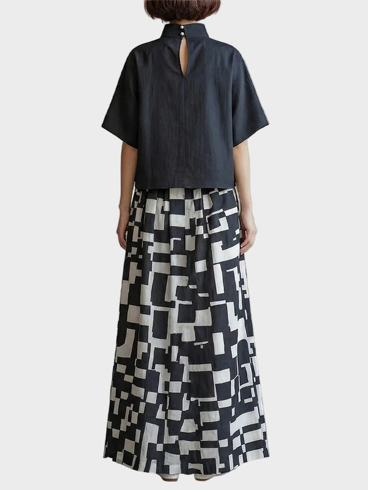 High-Neck Top & Abstract Print Wide-Leg Skirt Set
