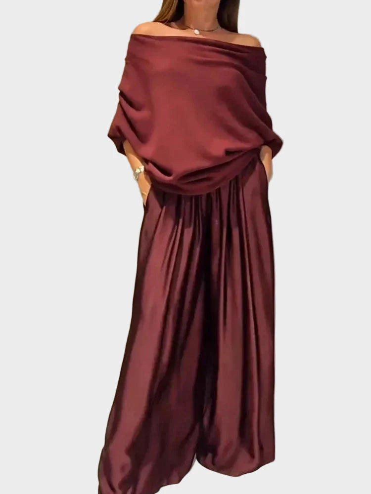 Elegant Slash Collar Off Shoulder Top&Satin Wide Leg Pants Sets Fashion Irregular Solid