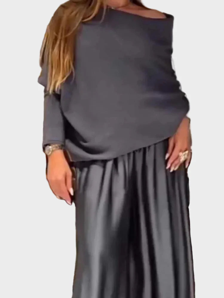 Elegant Slash Collar Off Shoulder Top&Satin Wide Leg Pants Sets Fashion Irregular Solid