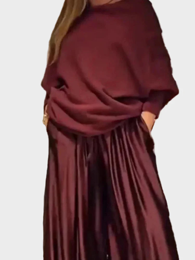 Elegant Slash Collar Off Shoulder Top&Satin Wide Leg Pants Sets Fashion Irregular Solid