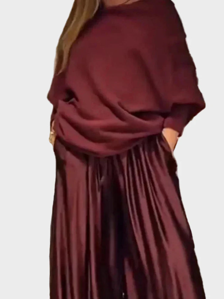 Elegant Slash Collar Off Shoulder Top&Satin Wide Leg Pants Sets Fashion Irregular Solid