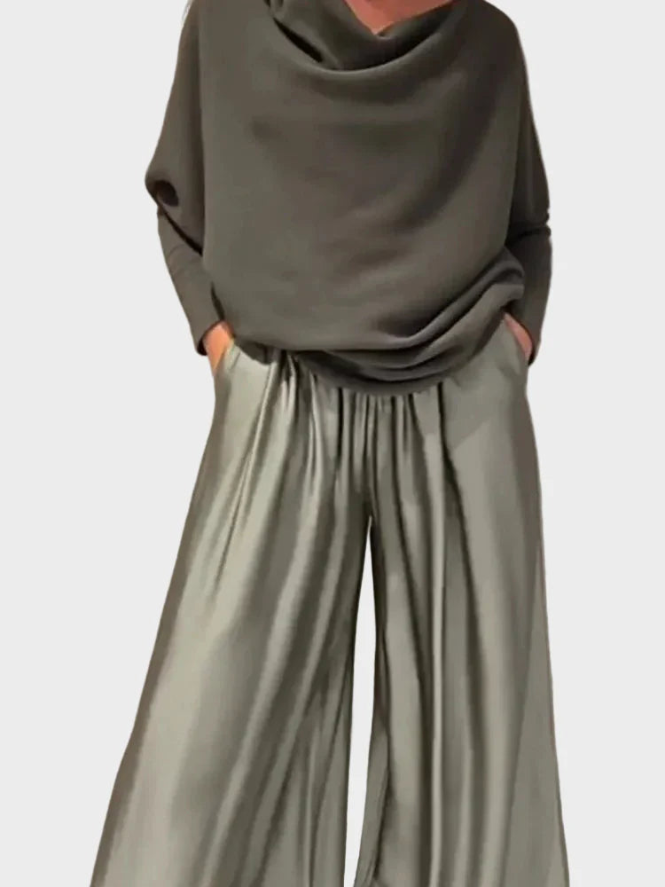Elegant Slash Collar Off Shoulder Top&Satin Wide Leg Pants Sets Fashion Irregular Solid