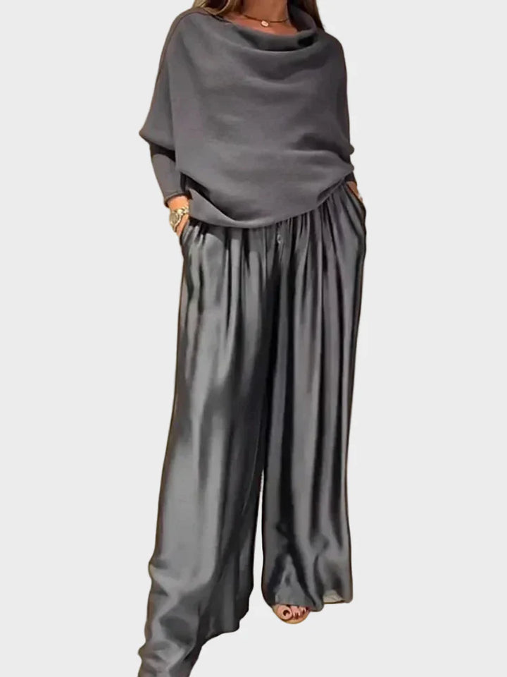 Elegant Slash Collar Off Shoulder Top&Satin Wide Leg Pants Sets Fashion Irregular Solid