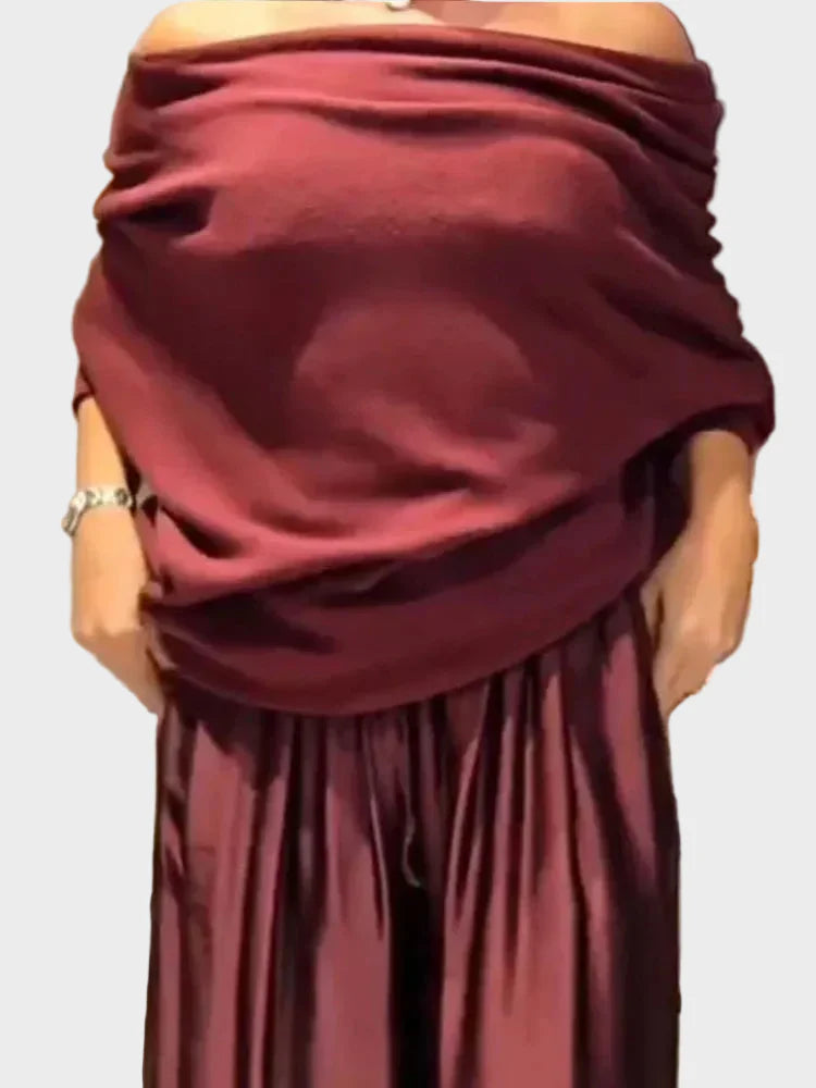 Elegant Slash Collar Off Shoulder Top&Satin Wide Leg Pants Sets Fashion Irregular Solid