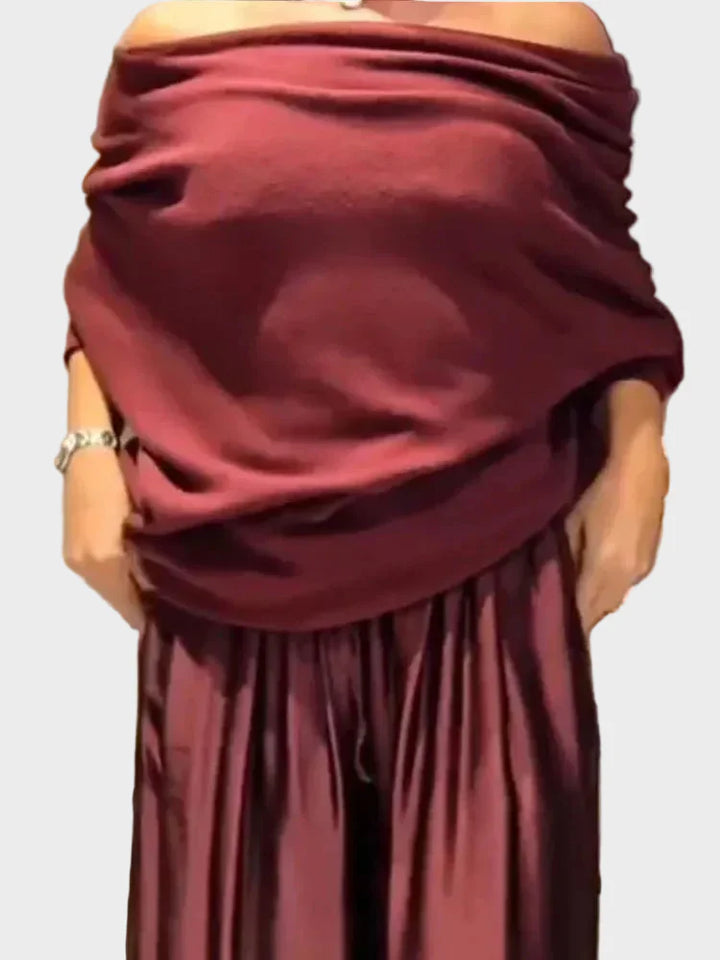 Elegant Slash Collar Off Shoulder Top&Satin Wide Leg Pants Sets Fashion Irregular Solid