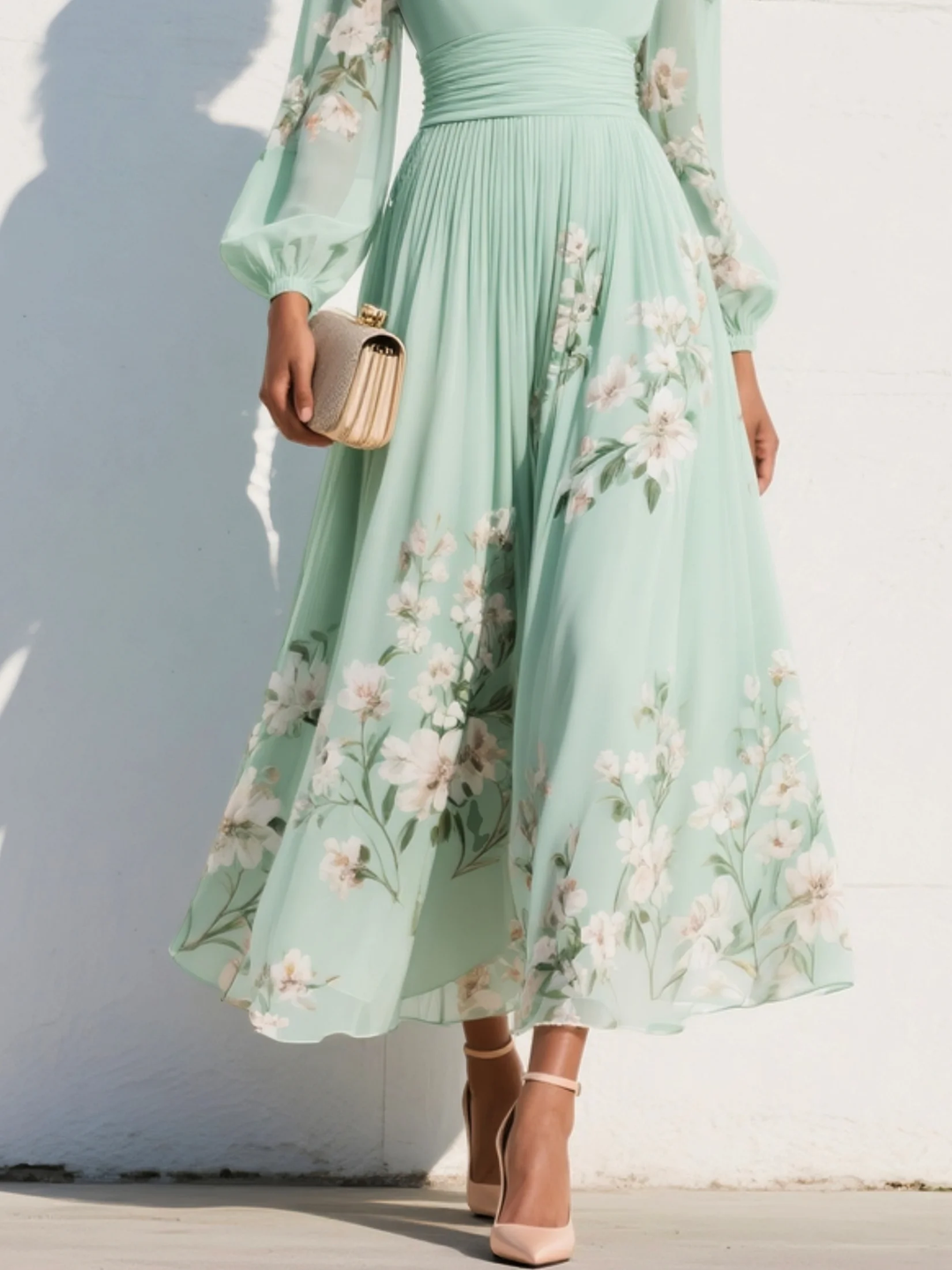 Light Green V-Neck Chiffon Pleated Floral Midi Dress-
