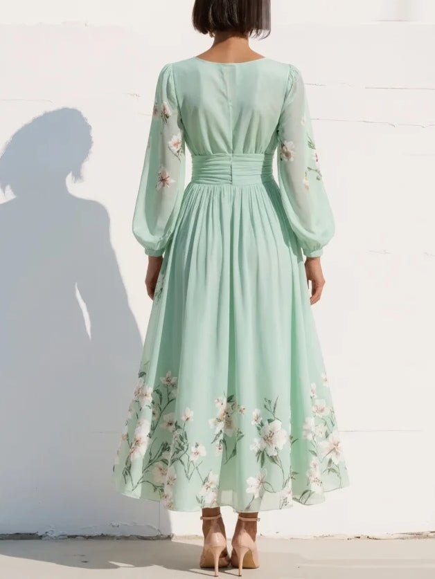 Light Green V-Neck Chiffon Pleated Floral Midi Dress-