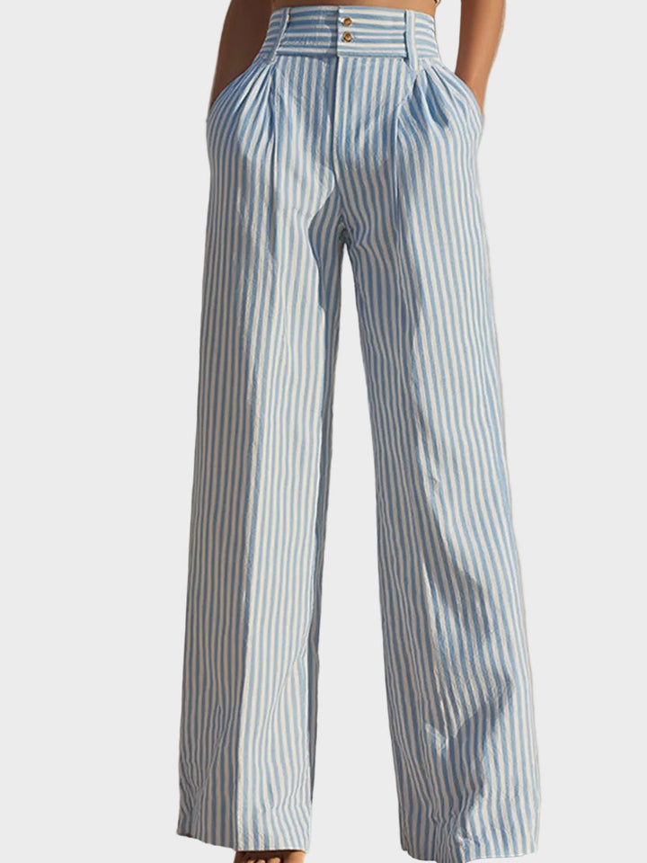 Blue & White Stripe Halter Crop Top And Wide-Leg Pants Set