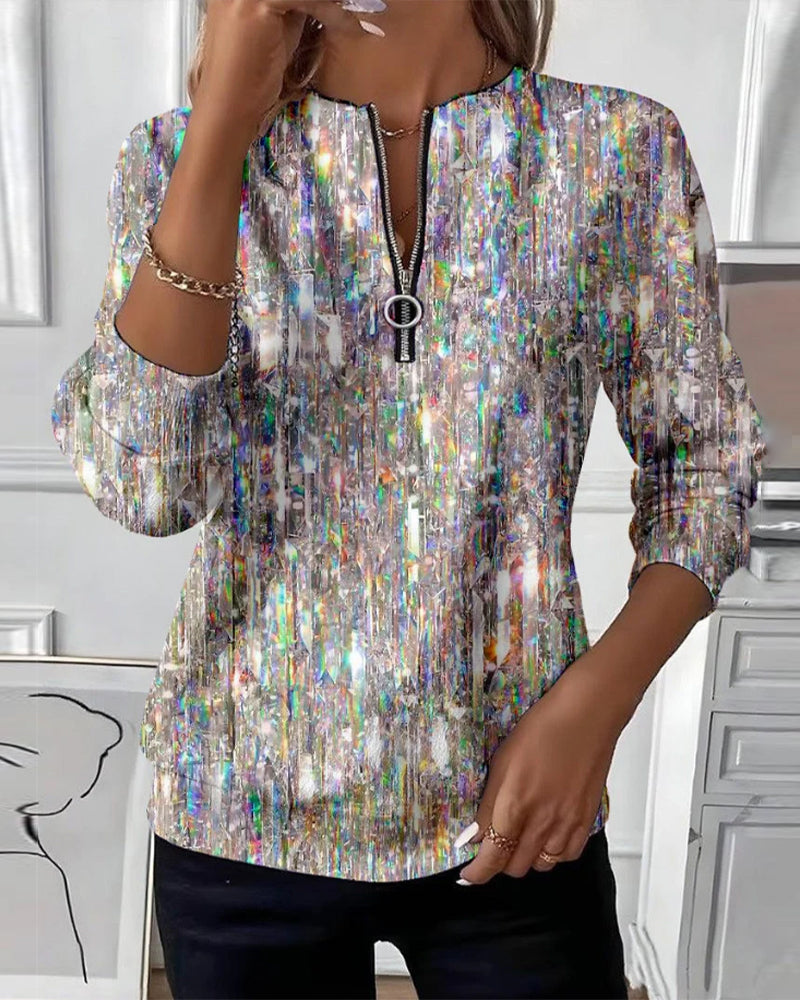 Printed Sweatshirt with Long Sleeves and Half-Zip