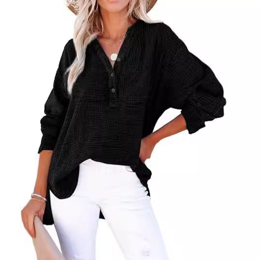 Casual Button-Down Textured Long-Sleeve Blouse