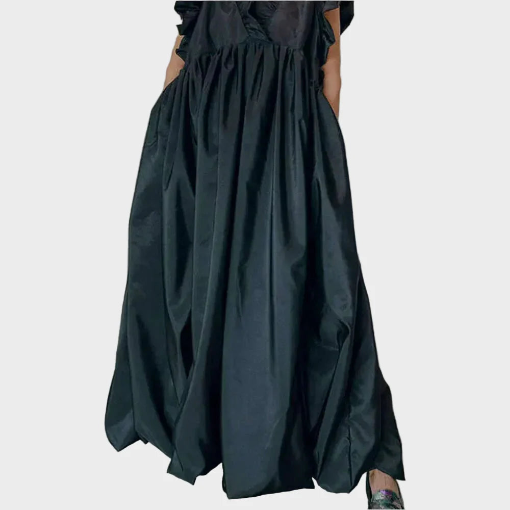 Women's Pleated Dress A-line Loose Ruffle Pockets Sleeveless Summer Casual Vintage Fashion V-Neck Summer Dress for Female