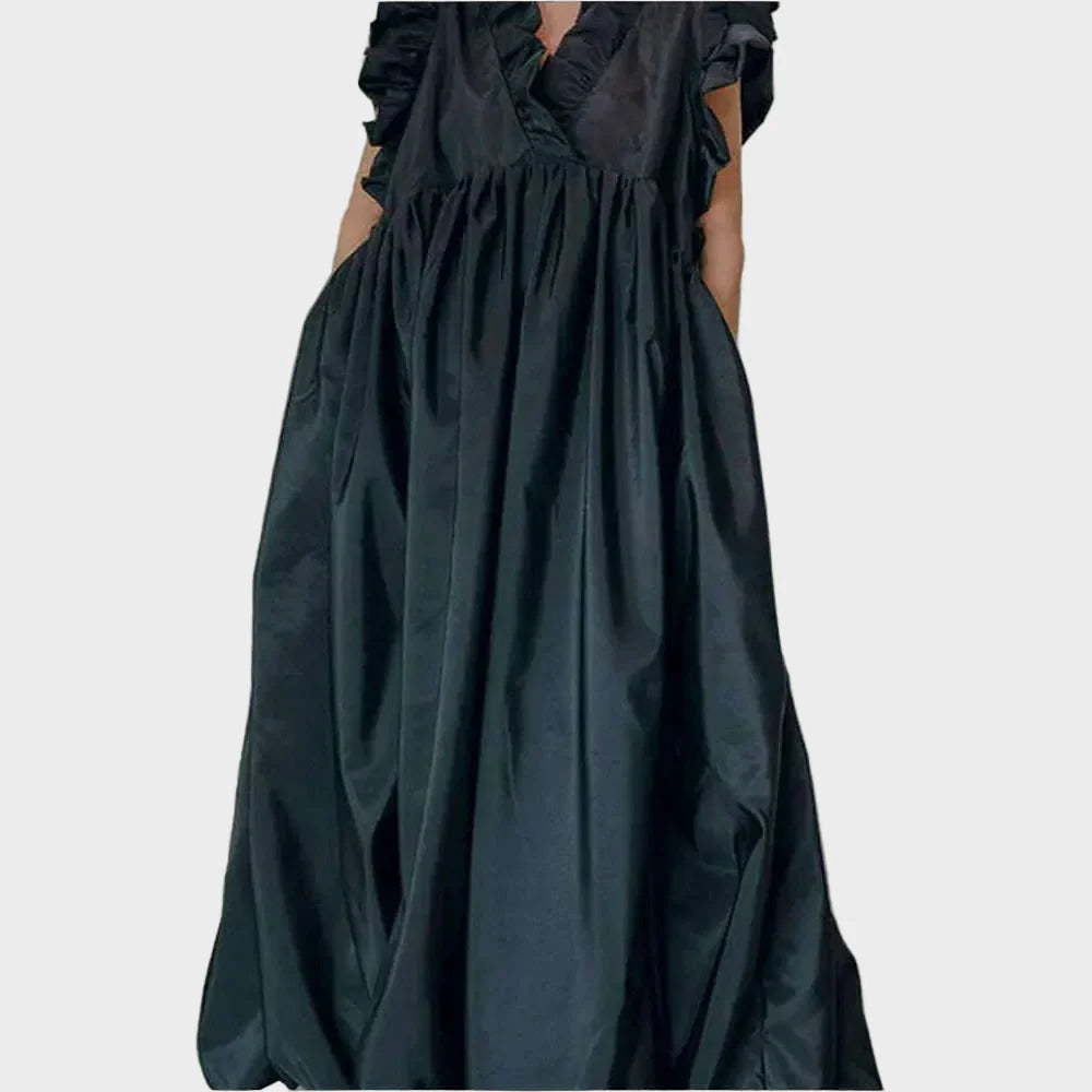 Women's Pleated Dress A-line Loose Ruffle Pockets Sleeveless Summer Casual Vintage Fashion V-Neck Summer Dress for Female
